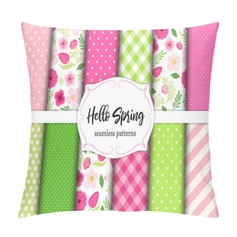 Personality  Set Of Cute Seamless Hello Spring Patterns With Primitive Flowers, Polka Dots, Stripes And Plaid Pillow Covers