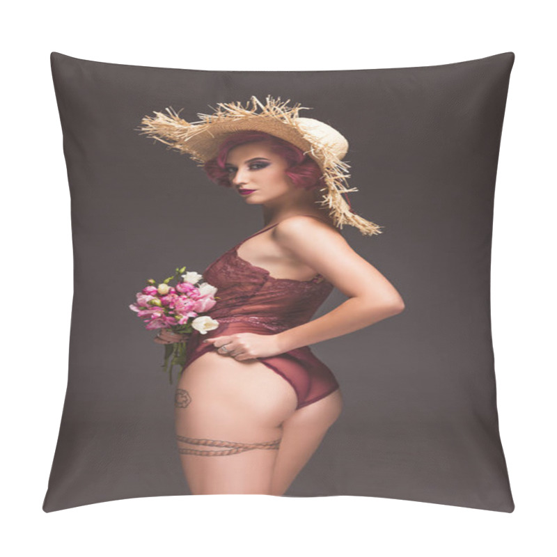 Personality  Attractive Tattoed Pin Up Girl In Lingerie And Straw Hat Posing With Flowers Infront Of Grey Background Pillow Covers