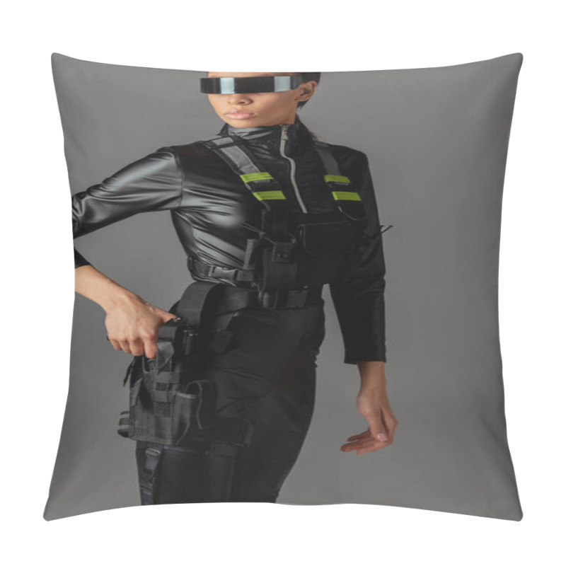 Personality  Attractive Futuristic African American Woman In Glasses With Gun Isolated On Grey Pillow Covers