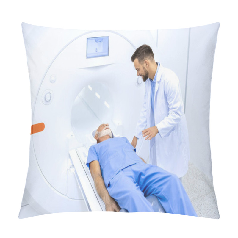 Personality  Experienced Radiologist Encouraging Senior Patient Before MRI Or CT Scanning Procedure In Hospital. Pillow Covers