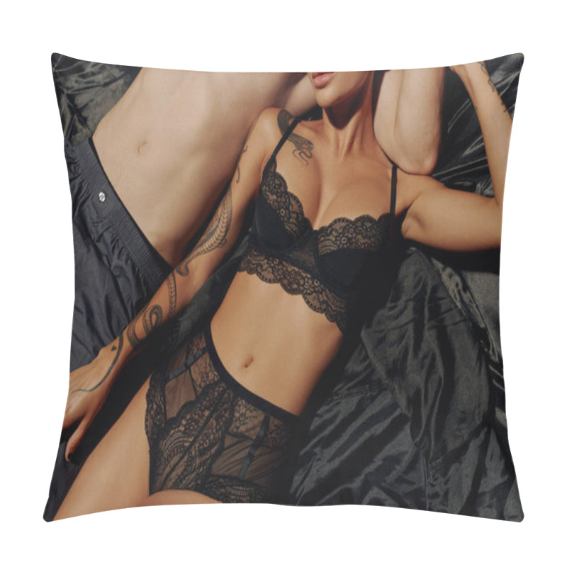 Personality  Cropped View Of Tattooed Woman In Lace Lingerie And Shirtless Man In Pajama Pants Lying On Black Satin Bedding Pillow Covers