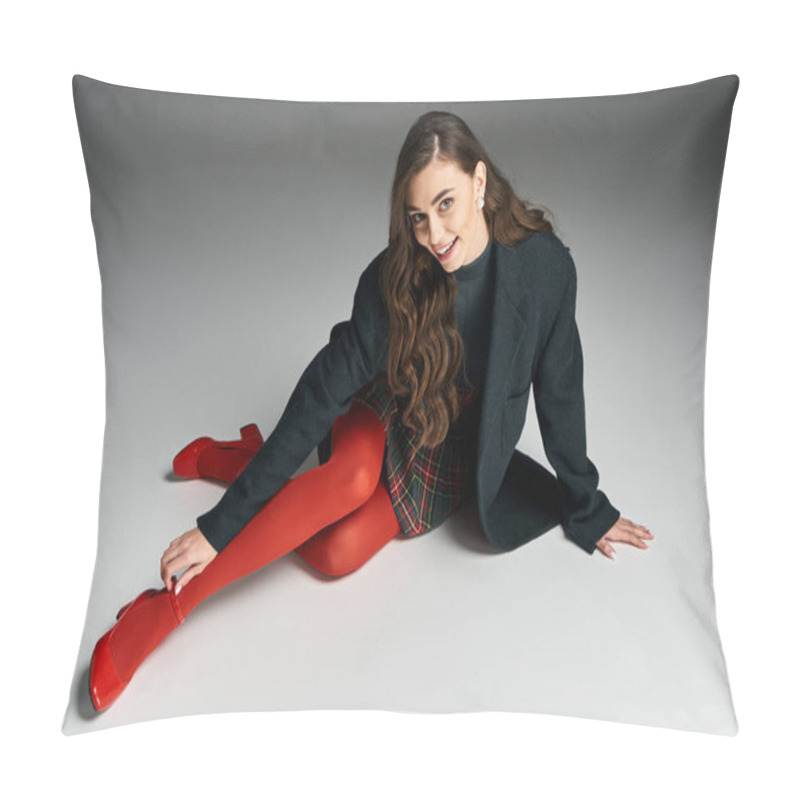 Personality  Stylish Young Woman Relaxes Gracefully On The Floor In A Trendy Outfit And Striking Red Shoes Pillow Covers