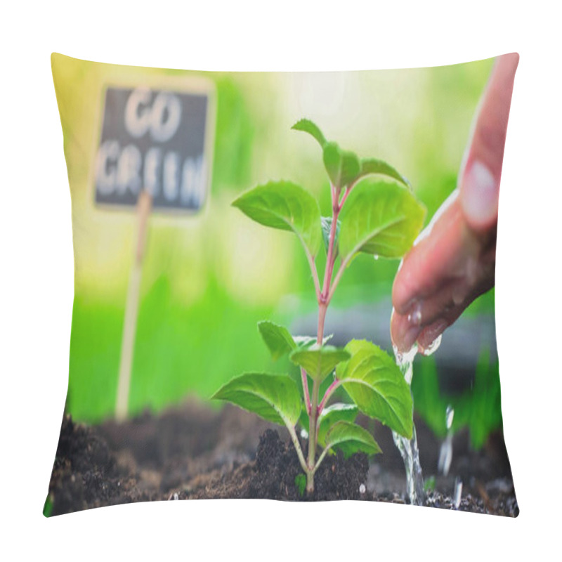 Personality  Cropped View Of Gardener Pouring Water On Plant In Soil In Blurred Garden  Pillow Covers