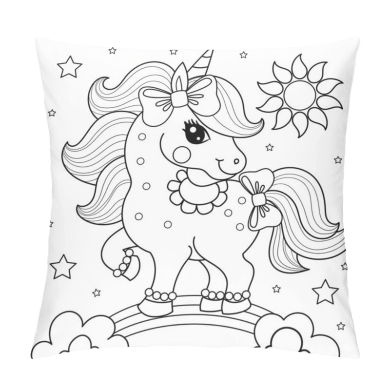 Personality  A Cute Cheerful Unicorn With Bows Stands On A Rainbow. Black And White Linear Drawing. Hand Drawn. For Childrens Design Of Coloring Books, Prints, Posters, Education. Games, Decor, Etc. Vector Pillow Covers