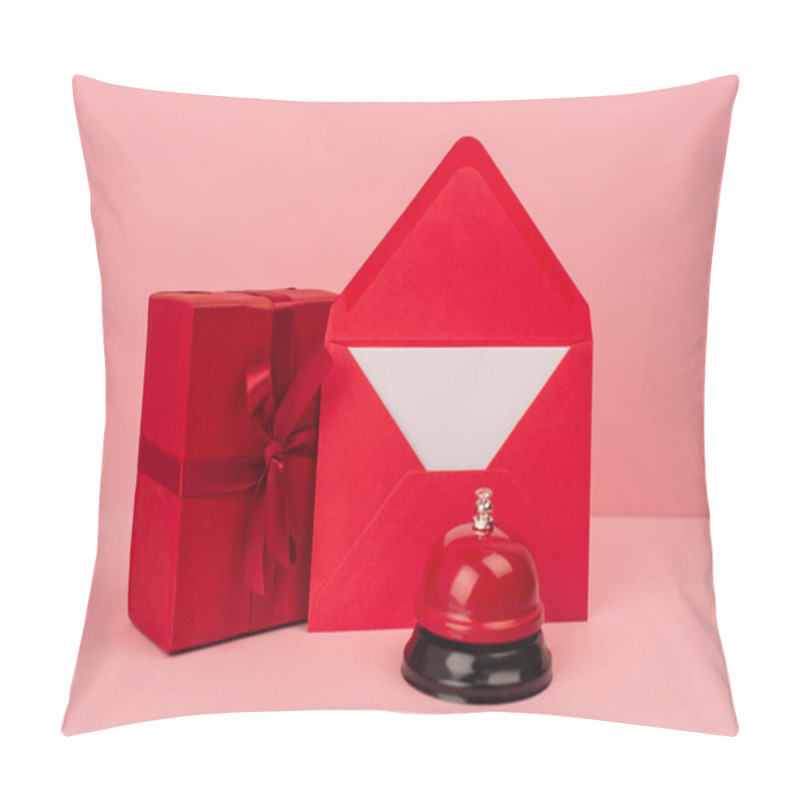 Personality  Wrapped Gift Box And Red Envelope With Letter Near Metallic Bell On Pink  Pillow Covers