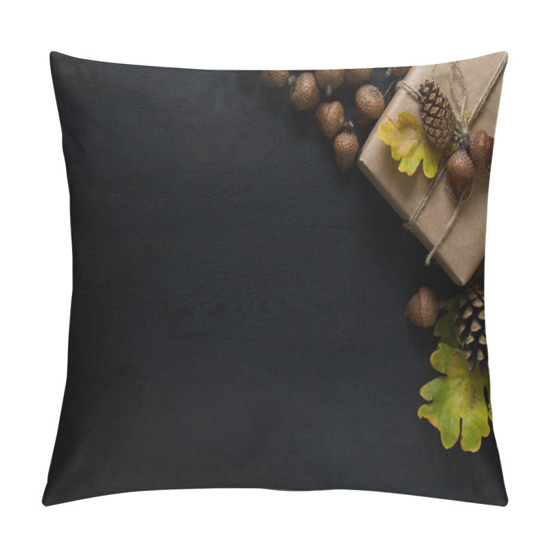 Personality  Autumn Background With Present Box, Oak Leaves, Acorns And Pines Pillow Covers