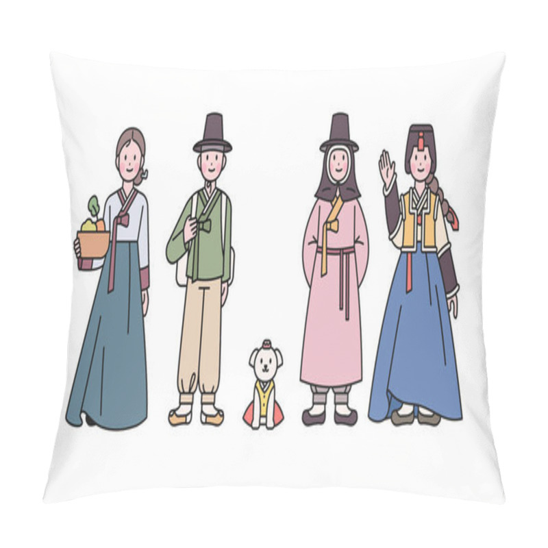 Personality  Joseon, An Old Korean Nation. A Man And A Woman Wearing Basic Hanbok, A Man And A Woman Wearing Winter Hanbok, And A Dog. Outline Simple Vector Illustration. Pillow Covers