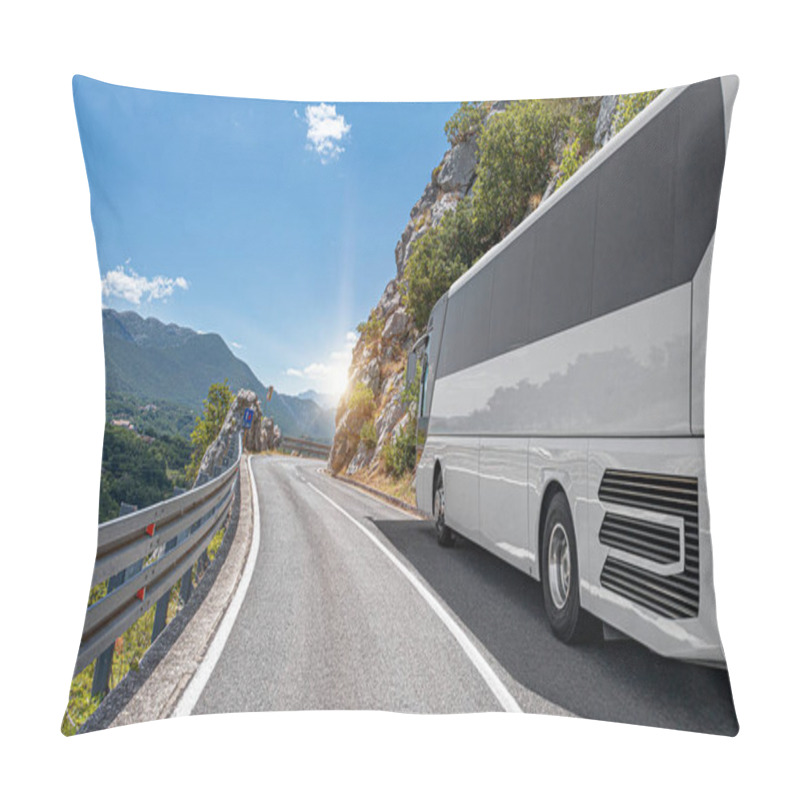 Personality  A White Tourist Bus Rides Along The Highway Against The Backdrop Of A Beautiful Landscape. Pillow Covers