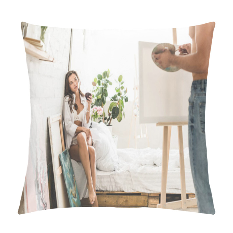 Personality  Selective Focus Of Girl Sitting In Bed With Wine And Shirtless Man Drawing Girlfriend Pillow Covers