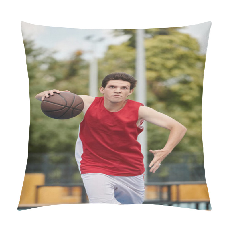 Personality  A Young Man Confidently Holds A Basketball On Top Of A Vibrant Basketball Court Under The Bright Sun Of A Summer Day. Pillow Covers