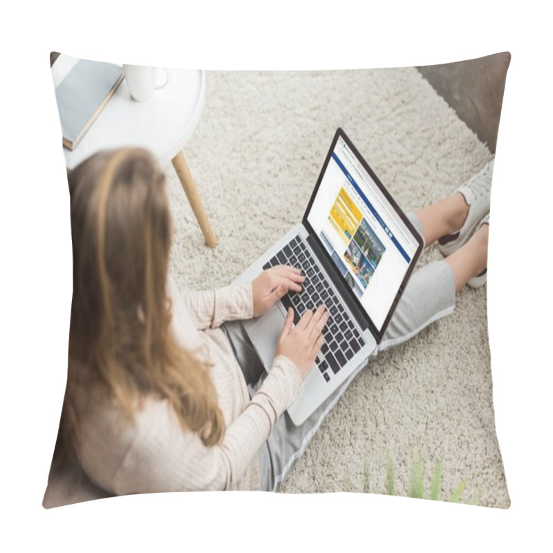 Personality  High Angle View Of Woman At Home Sitting On Floor And Using Laptop With Booking Website On Screen Pillow Covers