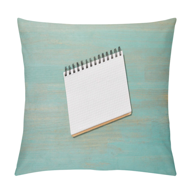 Personality  Top View Of Empty Blank Notebook On Wooden Turquoise Desk Pillow Covers