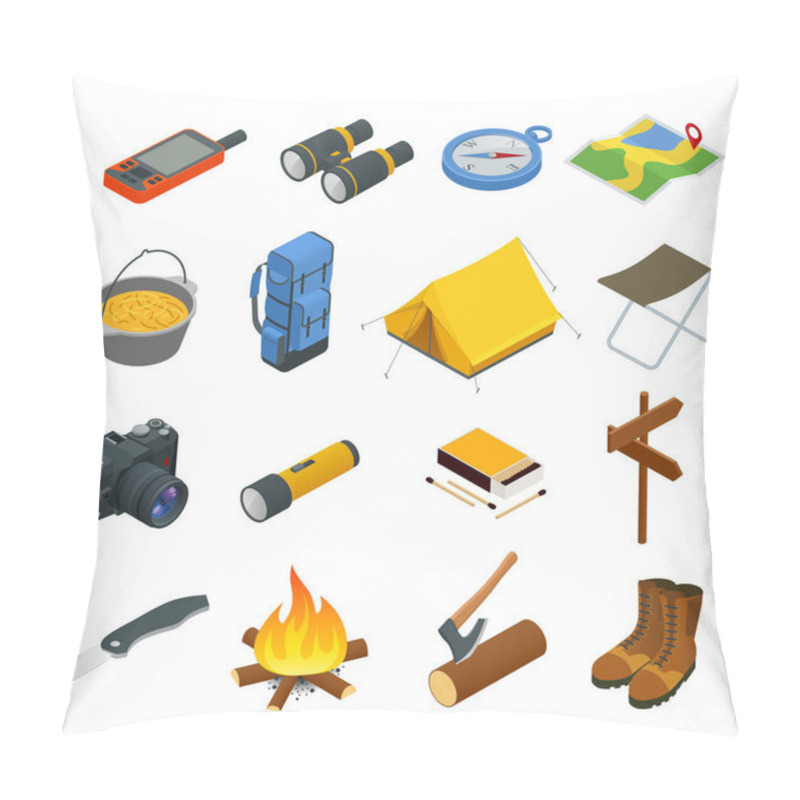 Personality  Hiking Icons Set. Camping Equipment Vector Collection. Binoculars, Bowl, Barbecue, Boat, Lantern, Shoes, Hat, Tent, Campfire. Base Camp Gear And Accessories. Camping Icon Set. Hike Outdoor Elements. Pillow Covers