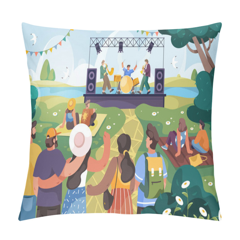 Personality  Vector Open Air Live Concert At Music Festival. Illustration Of Rock Or Pop Band On Stage And Outdoor Crowd. Scene With Musical Group And Fans. Open-air Sound Check, Performance Show. Public Scene Pillow Covers