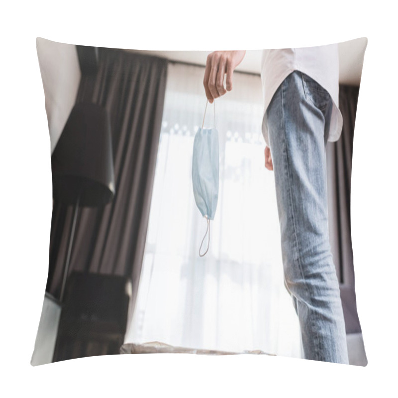 Personality  Cropped View Of Man Holding Medical Mask Near Trash Can In Living Room Pillow Covers