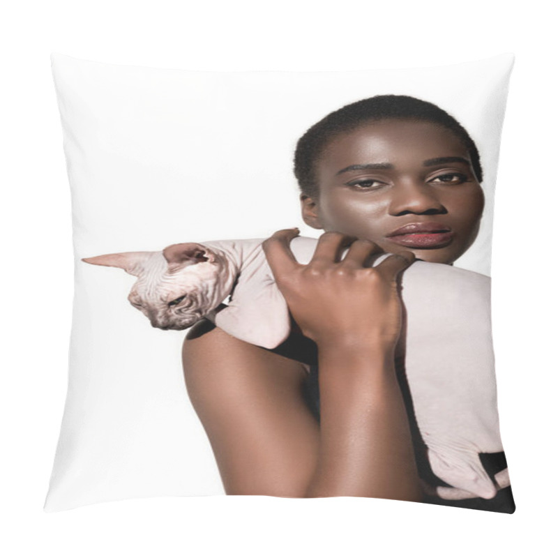 Personality  Beautiful African American Girl Holding Sphynx Cat And Looking At Camera Isolated On White Pillow Covers