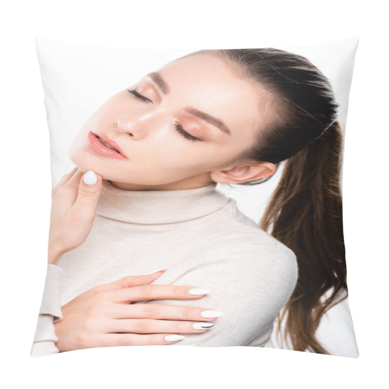 Personality  Attractive Girl With Natural Makeup Touching Face With Closed Eyes Isolated On White Pillow Covers