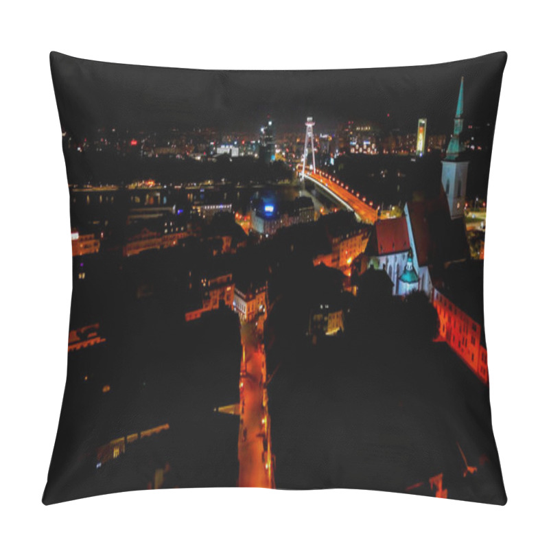 Personality  Aerial Drone Photo Of Bratislava Old Town Cityscape, St. Martin's Cathedral, And Most SNP Pillow Covers