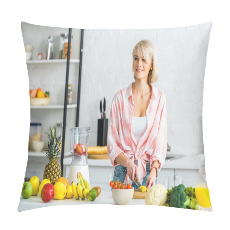 Personality  Young Woman Cutting Kiwi Fruit Near Ingredients In Kitchen Pillow Covers