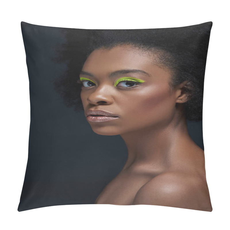 Personality  Portrait Of Beautiful African American Model With Bright Neon Makeup And Bare Shoulders Isolated On Black Pillow Covers