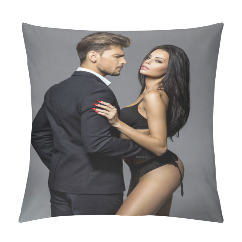 Personality  Handsome Man In Black Suit Touching Sexy Woman In Lingerie Pillow Covers