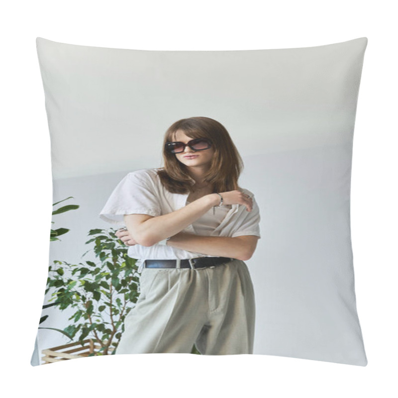 Personality  A Young Man In Trendy Clothing Poses Confidently, Surrounded By Greenery In A Modern Space. Pillow Covers