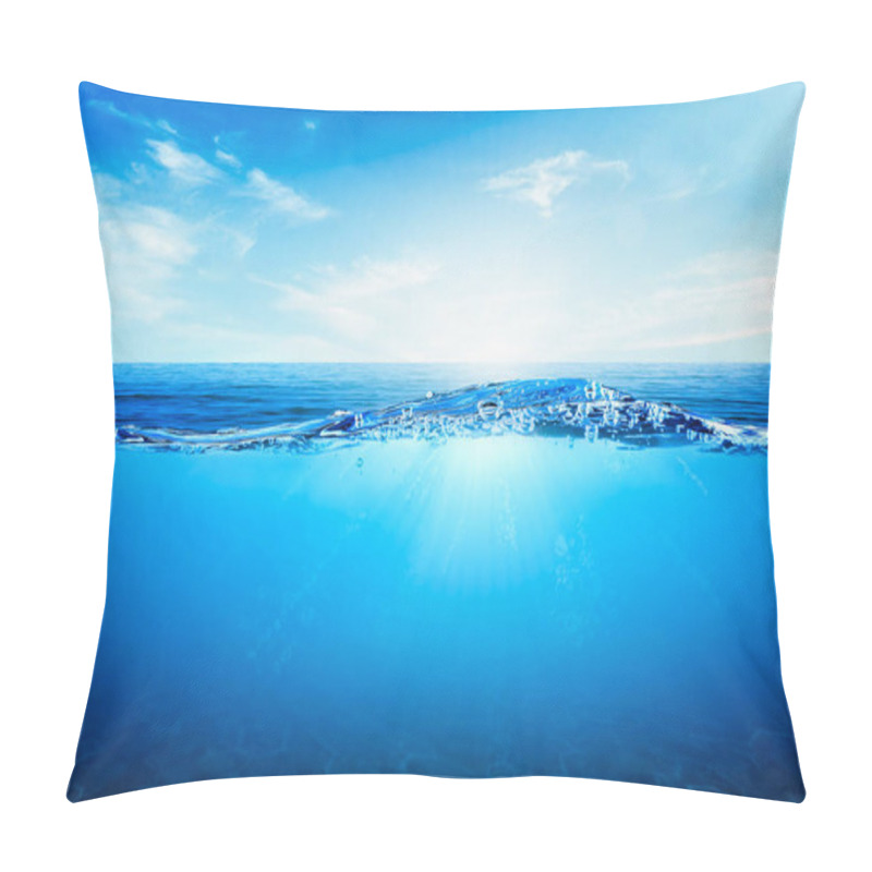 Personality  BLUE UNDER WATER Waves And Bubbles. Beautiful White Clouds On Blue Sky Over Calm Sea With Sunlight Reflection, Tranquil Sea Harmony Of Calm Water Surface. Sunny Sky And Calm Blue Ocean. Pillow Covers