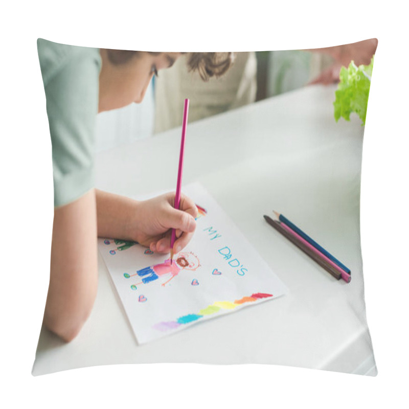 Personality  Selective Focus Of Mixed Race Kid Drawing Picture With My Dads Lettering  Pillow Covers