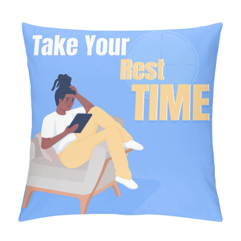 Personality  Take Best Time To Rest Card Template. Online Chatting With Friends. Reading E Book. Editable Social Media Post Design. Flat Vector Color Illustration For Poster, Web Banner, Ecard. Anton Font Used Pillow Covers