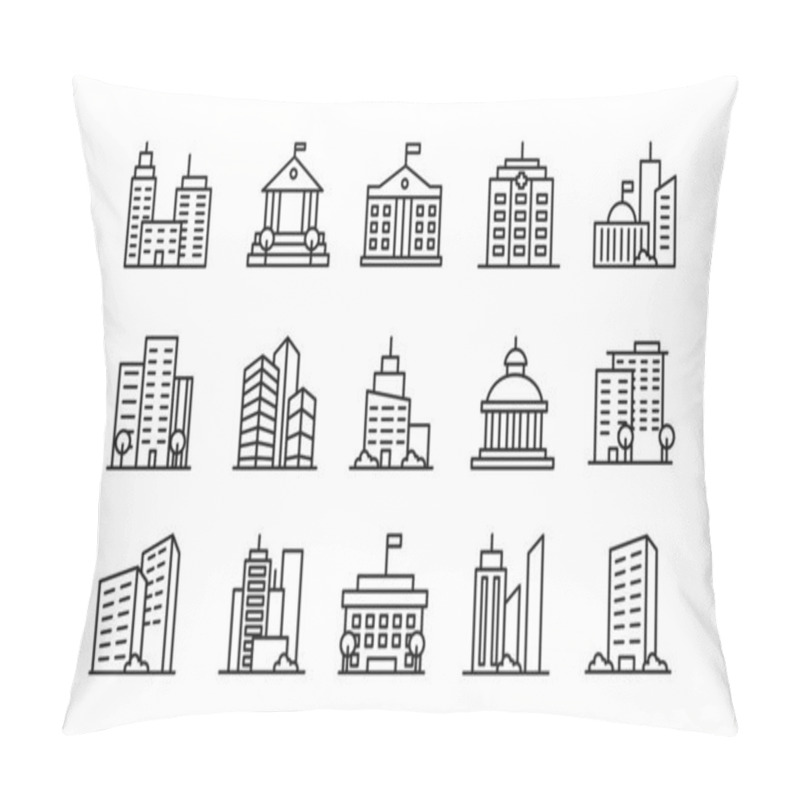 Personality  Big City Buildings Linear Icons Set. Urban Architecture. State Institutions, Religious And Cultural Monuments. Educational Centres And Residential Buildings Pack Isolated On White Background. Pillow Covers