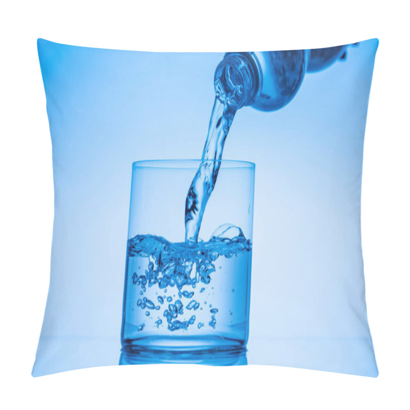 Personality  Water Pouring From Plastic Bottle In Drinking Glass On Blue Background Pillow Covers