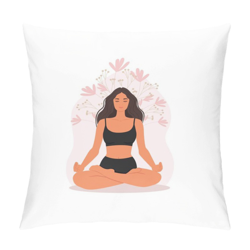 Personality  Girl Doing Yoga, Yoga Pose Of Female Characters. Meditation Exercises In The Lotus Position. Vector Illustration. Pillow Covers