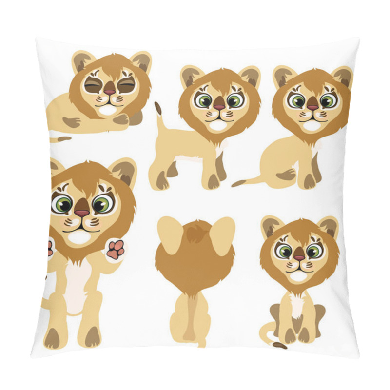 Personality  Little Lion Cub In Front, Back, Sitting, Standing And Lying. Vector Illustration In Cartoon Style On White Background For Animation, Games, Veterinary Projects, Childrens Books And Other Design Needs Pillow Covers