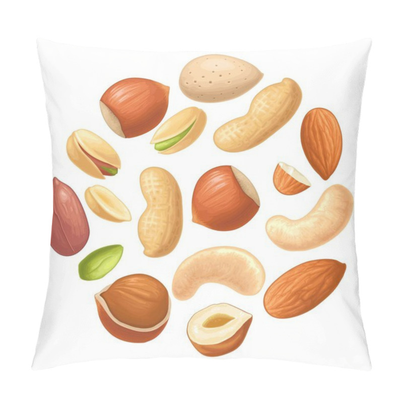 Personality  Set Whole And Half Nut Seed With Green Leaves. Hazelnut, Peanut, Almond, Cashew, Pistachio. Vector Color Realistic Illustration. Isolated On White Background Pillow Covers