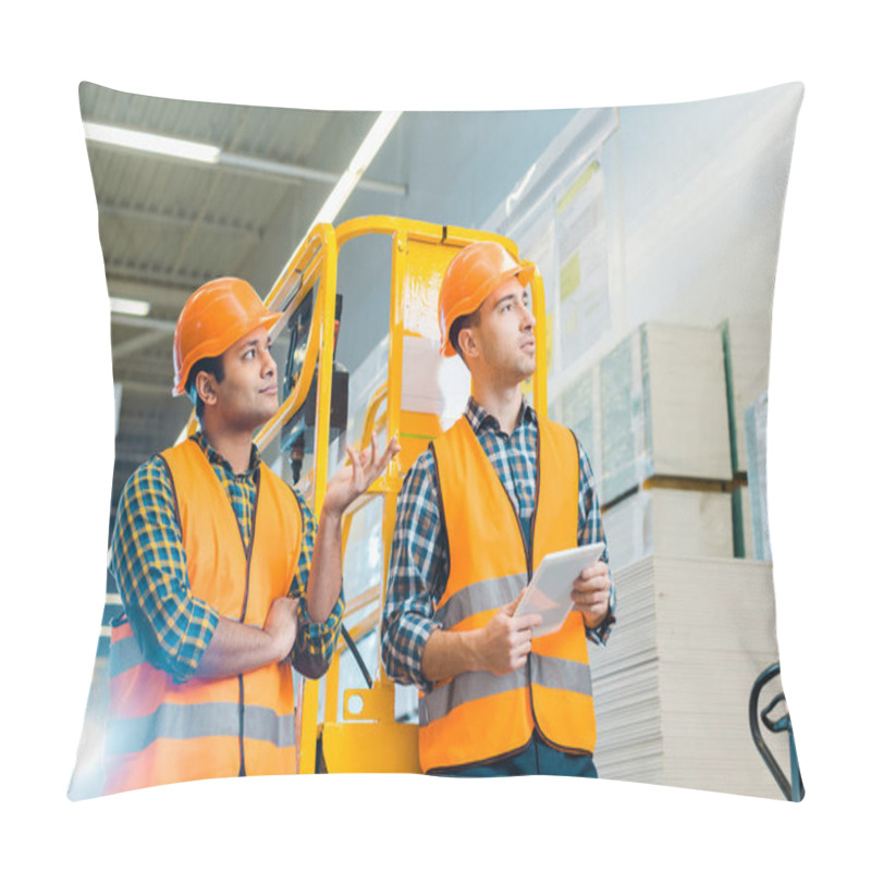 Personality  Selective Focus Of Multicultural Workers Looking Away In Warehouse Pillow Covers