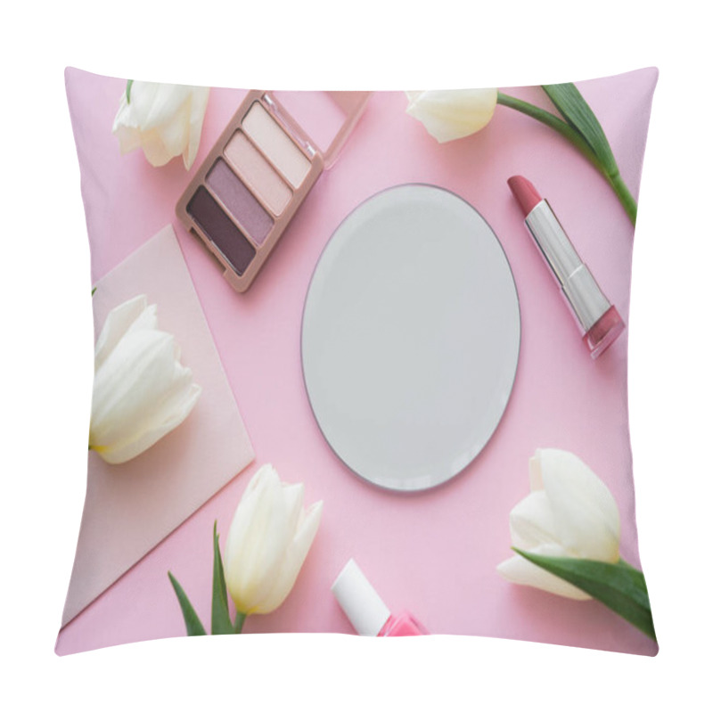 Personality  Top View Of White Tulips On Envelope Near Decorative Cosmetics On Pink Pillow Covers