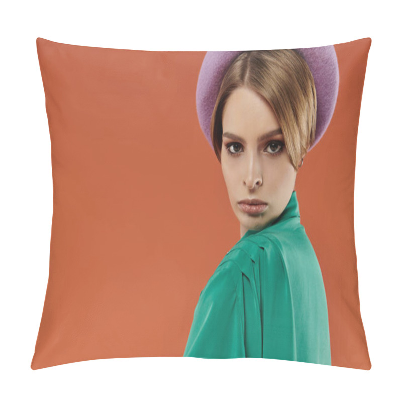 Personality  A Woman In A Green Blouse Poses Against An Orange Backdrop, Wearing A Stylish Purple Hat. Pillow Covers