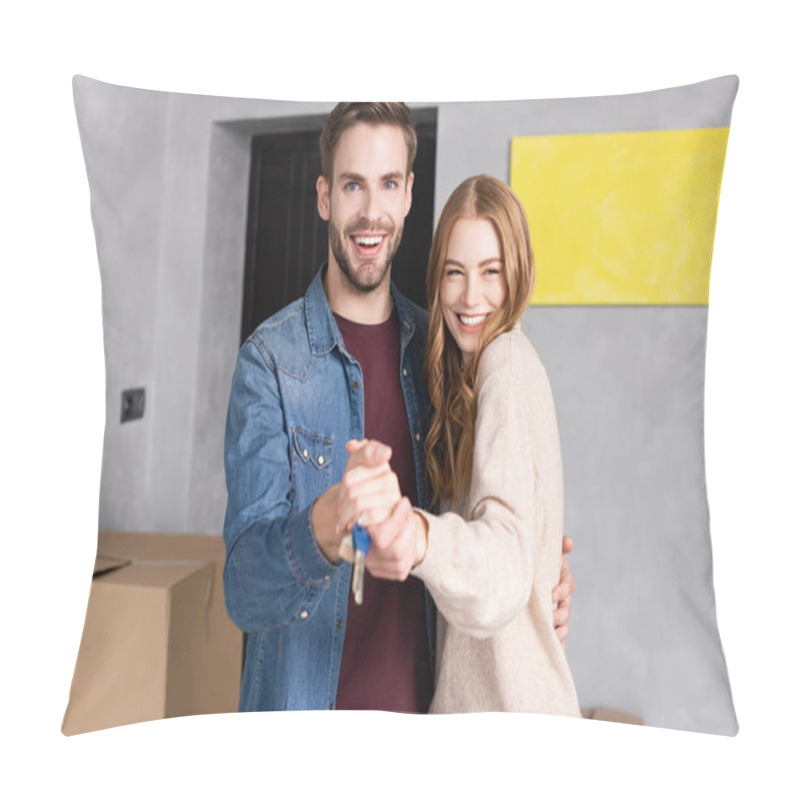 Personality  Pleased Man And Woman Holding Hands And Keys Near Box, Moving Concept Pillow Covers