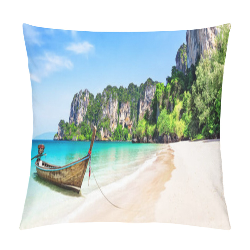 Personality  Panorama Of Thai Traditional Wooden Longtail Boat And Beautiful Sand Railay Beach In Krabi Province. Ao Nang, Thailand.  Pillow Covers