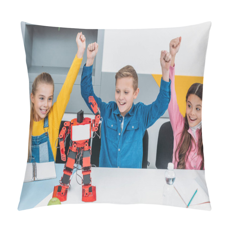 Personality  Cheerful Classmates Throwing Hands In Air After STEM Robotics Lesson   Pillow Covers