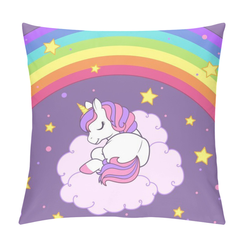 Personality  The Unicorn Sleeping On The Cloud Against The Background Of The Starry Sky And Rainbow. Colorful Vector Illustration For Cards, Books, T-shirts Pillow Covers