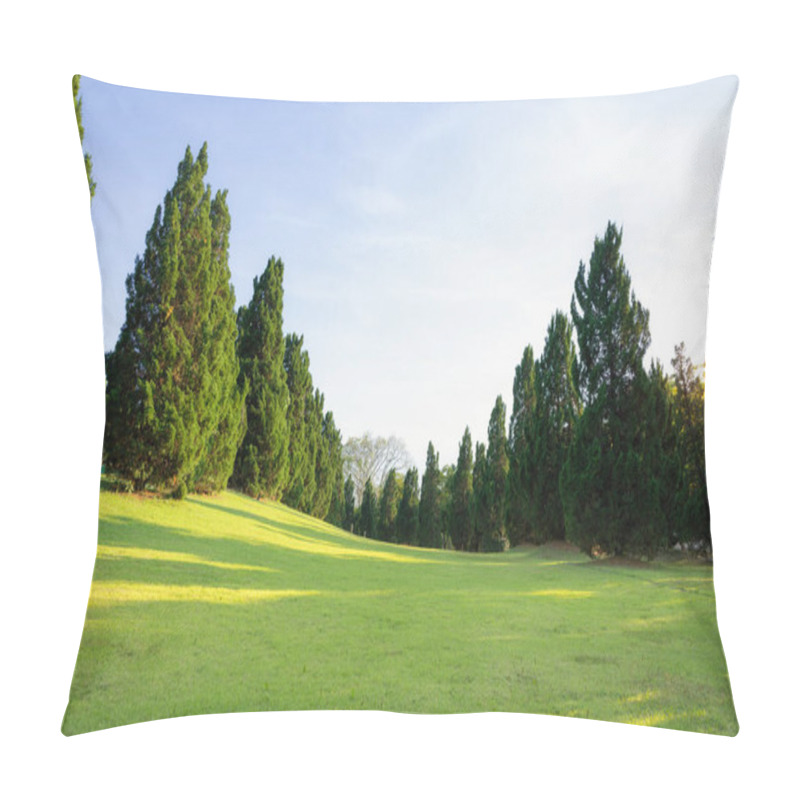 Personality  Landscape, Green Park Or Garden At Outdoor With Blue Sky And Clouds Background. Include Empty Space On Land, Grass, Lawn, Row Of Plant And Tree. Natural Zone For City, Resort, Hotel, School, Airport. Pillow Covers