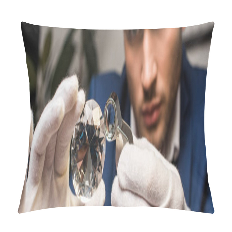 Personality  Selective Focus Of Jewelry Appraiser Examining Gemstone With Magnifying Glass, Panoramic Shot Pillow Covers