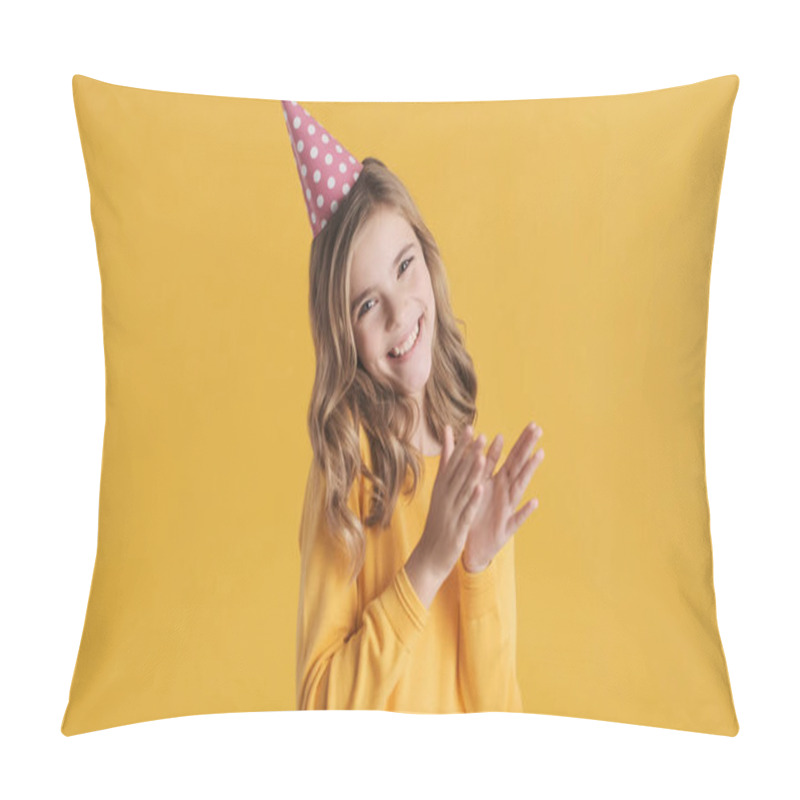 Personality  Beautiful Excited Blond Teenager Girl Wearing Birthday Hat Looking Cheerful Over Yellow Background. Teen Girl Happy To See Friends Pillow Covers