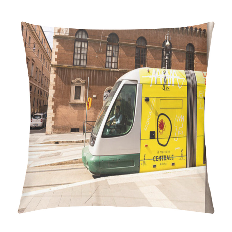 Personality  ROME, ITALY - JUNE 28, 2019: Yellow Bus On Street In Sunny Day Pillow Covers