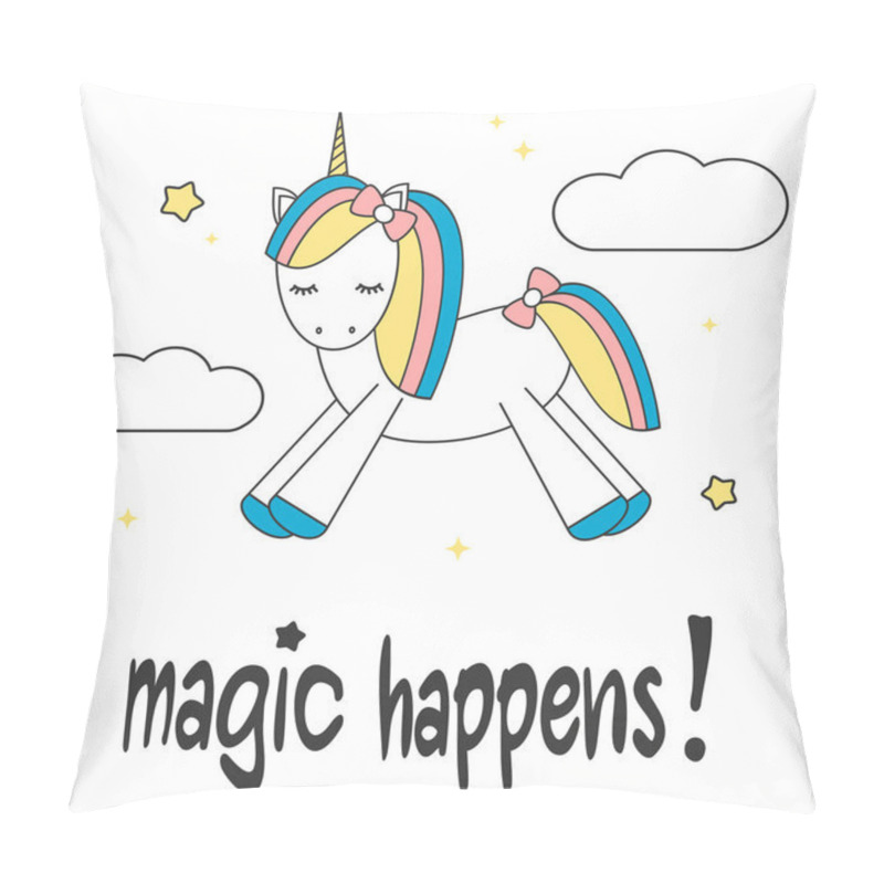 Personality  Hand Drawn Lettering Slogan Magic Happens Motivational Card With Cute Cartoon Colorful Unicorn In The Sky Pillow Covers