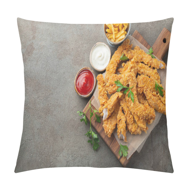 Personality  Breaded Chicken Strips With Two Kinds Of Sauces And Fried Potatoes On A Wooden Board. Fast Food On Dark Brown Background. Top View With Copy Space. Pillow Covers