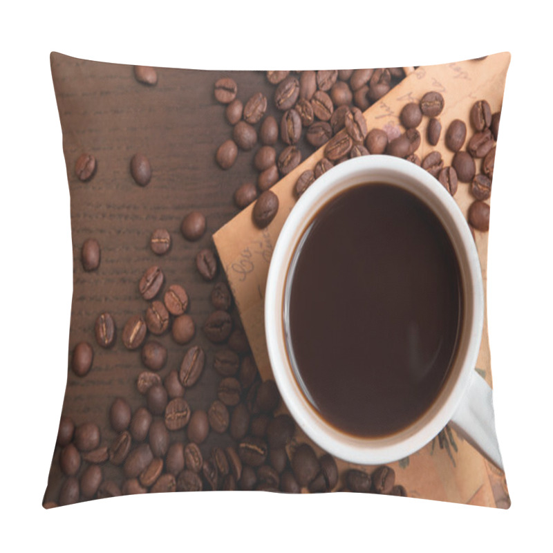 Personality  Cup Of Coffee And Coffee Beans On Dark Brown Table Pillow Covers