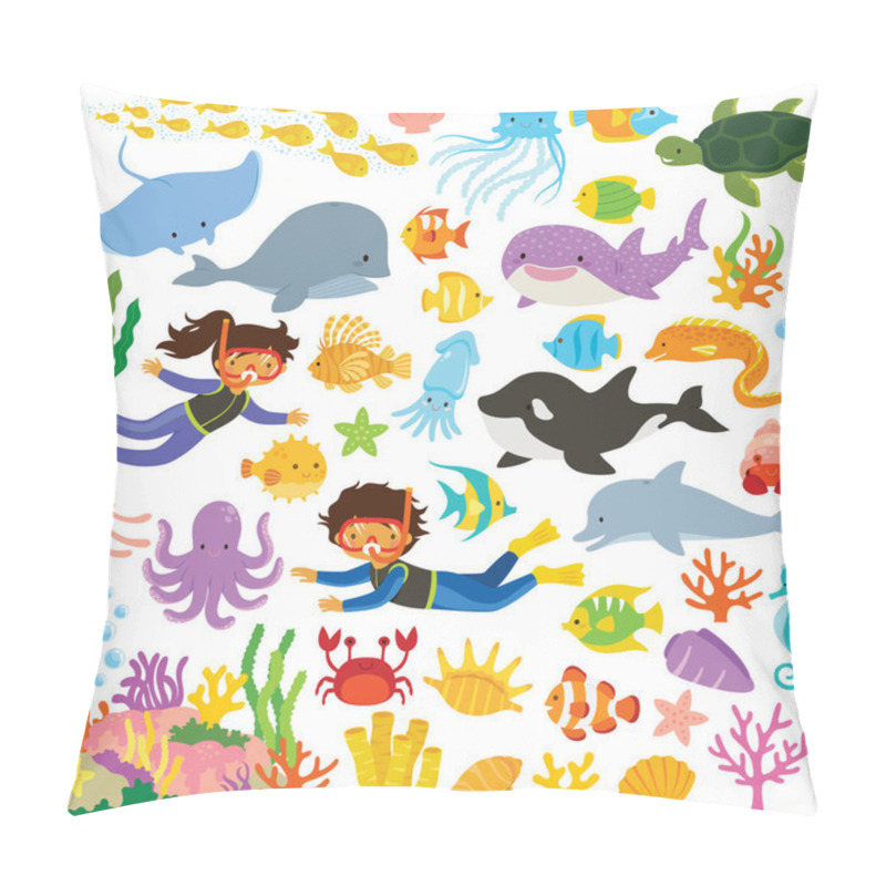 Personality  Sea Animals Clipart Set. Big Collection Of Cartoon Cute Sea Creatures And Divers. Pillow Covers