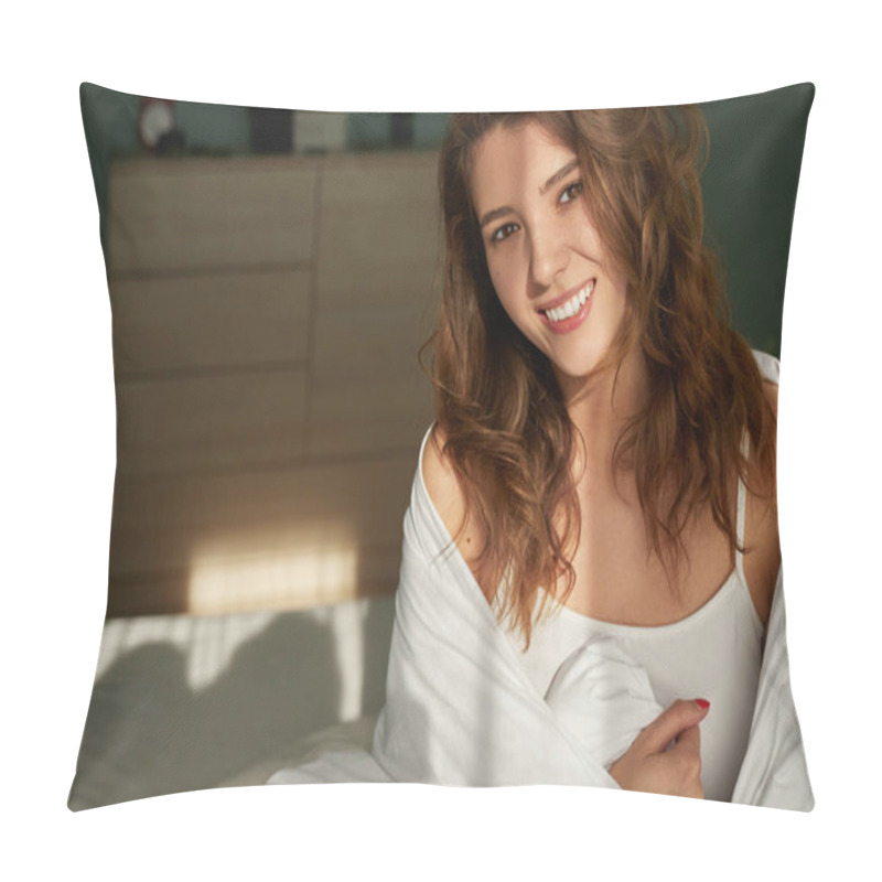 Personality  Smiling Woman Sitting On Bed In Morning Pillow Covers